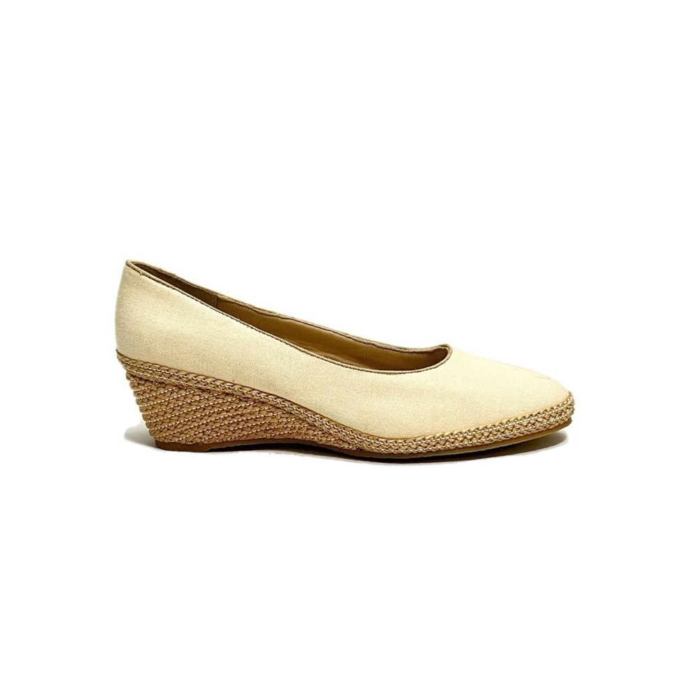 Vintage 1980s beige canvas fabric slip on wedge heel espadrilles